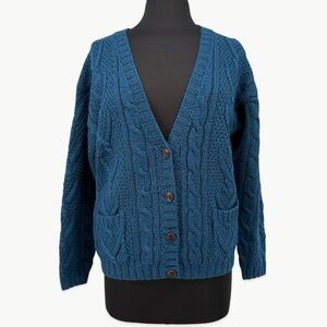 Vintage L.L. Bean Fisherman Cable Knit Wool Cardigan Sz Medium Navy 90s Classic